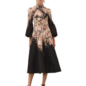 NEW Zimmermann Black Rococo Floral Illustration Buttoned Midi Dress